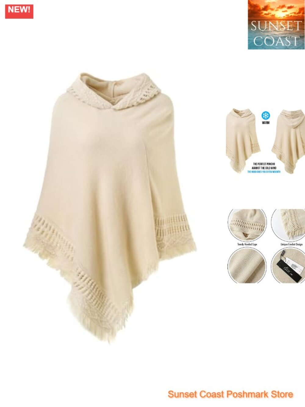 Women's Hooded Knit Poncho Cape with Fringe - Witchy Boho Gothic Style